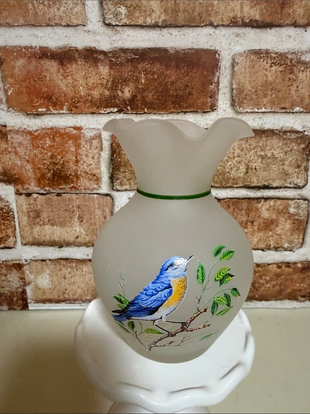Hand-Painted Frosted Glass Bird Vase - Blue & Yellow maybe Fenton unsigned.